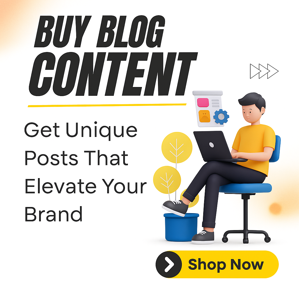 A digital promotional image with the headline "Buy Blog Content." It features a 3D character working on a laptop, surrounded by content-related icons and decorative plants. A bold "Shop Now" button appears at the bottom in yellow and black.